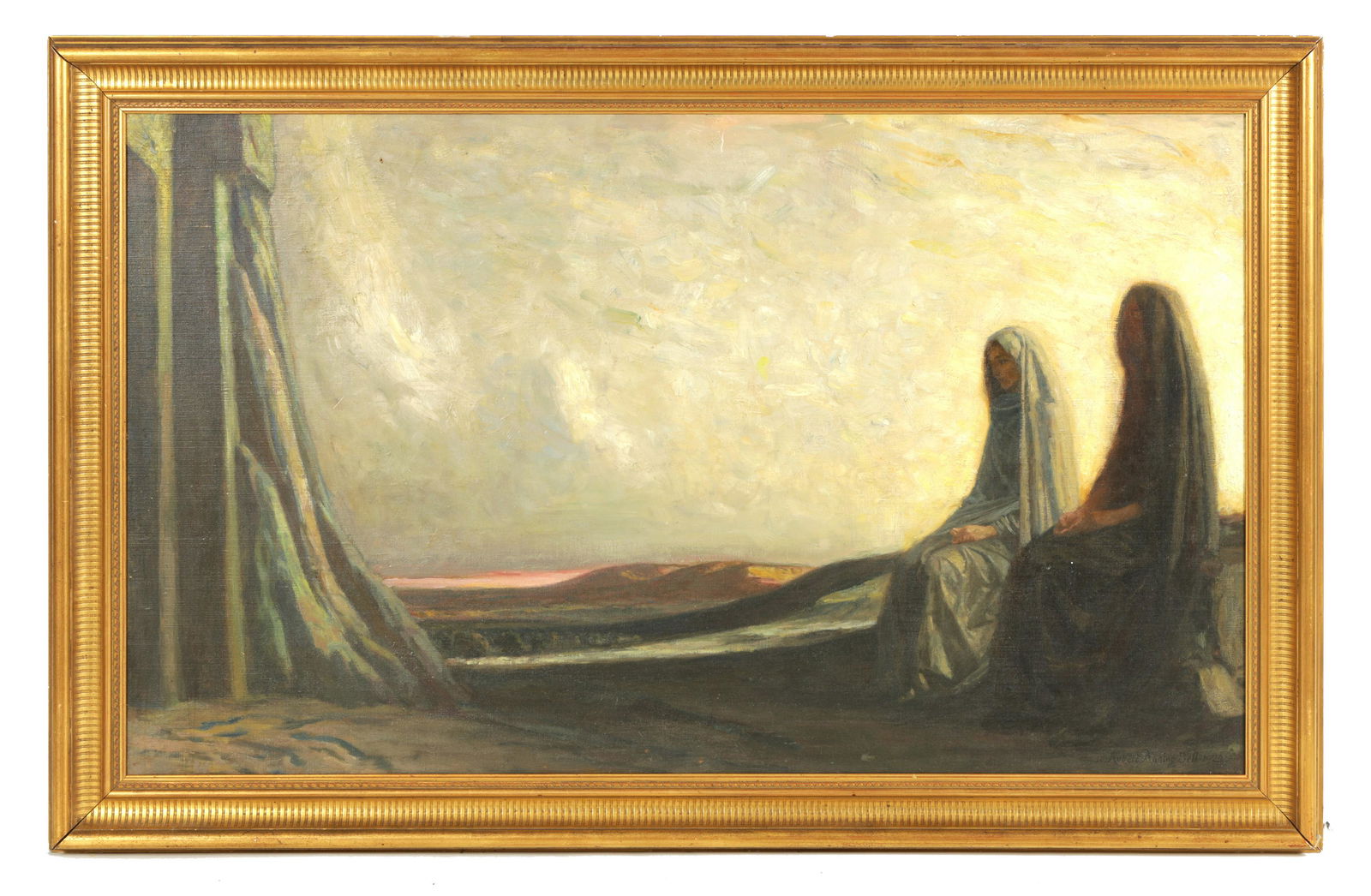 ROBERT ANNING BELL, R.A. (1863 - 1933) OIL ON CANVAS depicting an abstract landscape with seated: ROBERT ANNING BELL, R.A. (1863 - 1933) OIL ON CANVAS depicting an abstract landscape with seated cloaked females to the foreground - signed and dated 1922, in gilt moulded frame. (74cm high 126cm wide