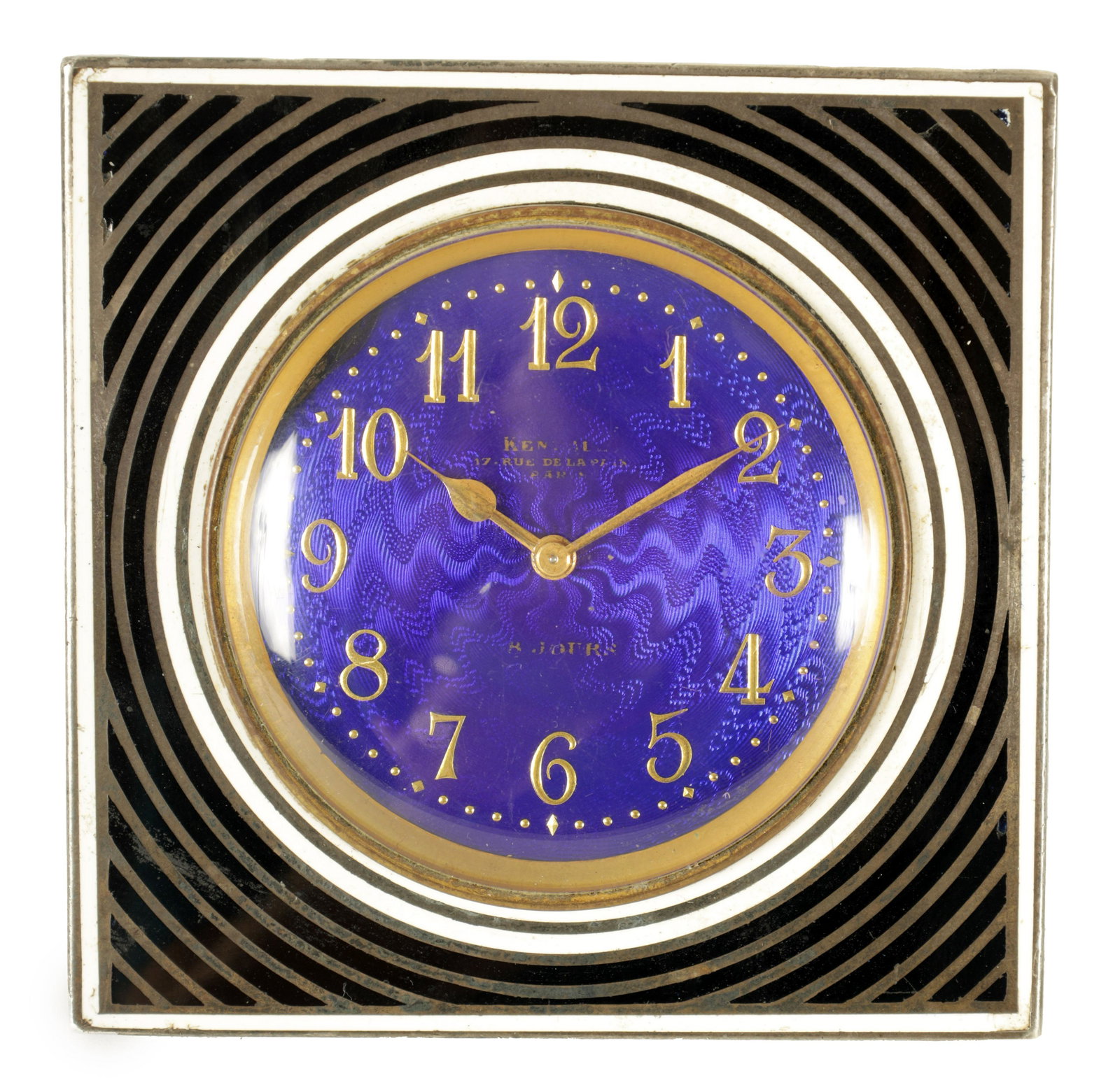 A FRENCH ART DECO SILVER AND ENAMEL STRUT CLOCK the sqaure case decorated with black and white (1 of 6)