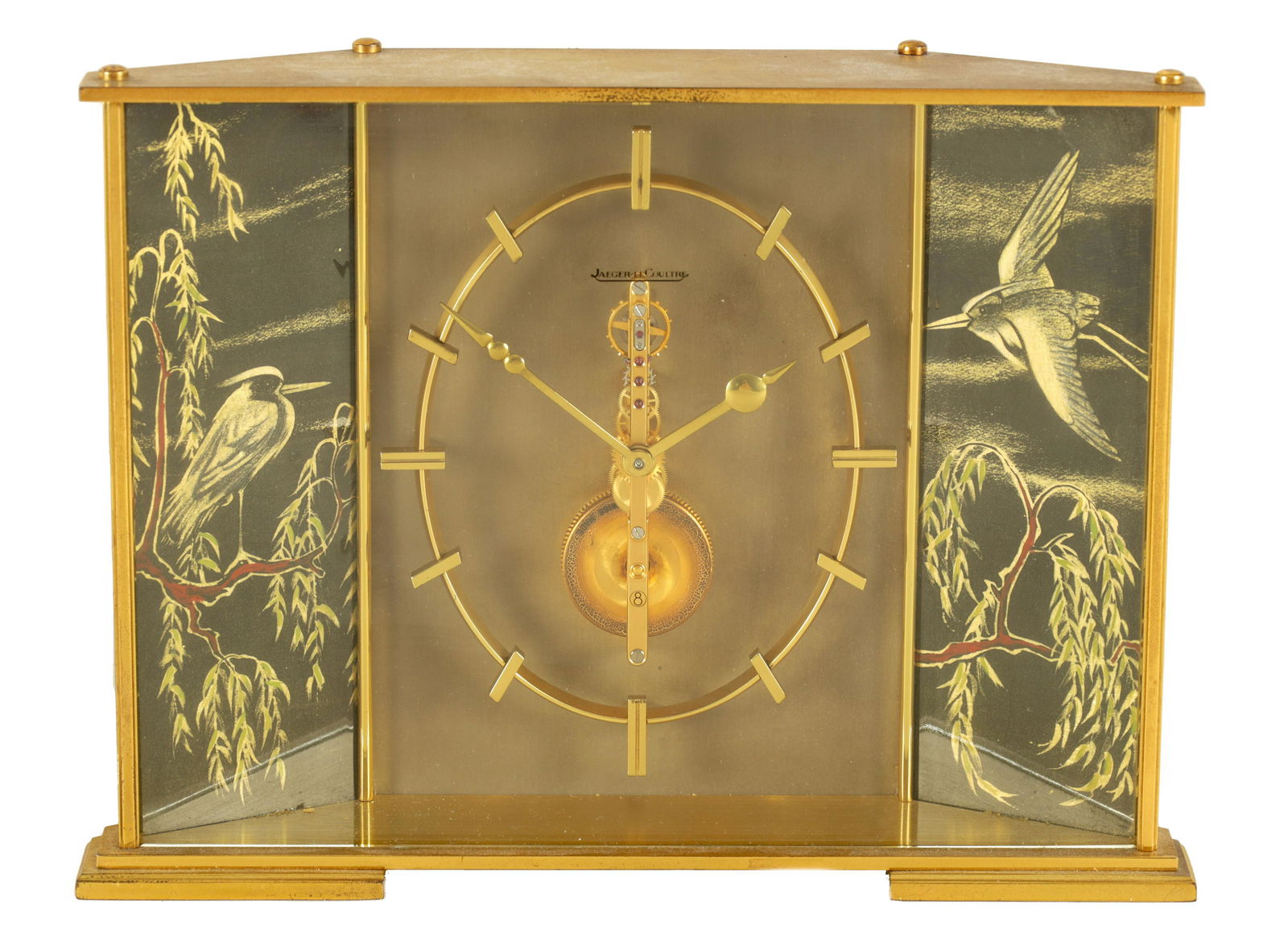 JAEGER-LECOULTRE. A MID 20TH CENTURY SWISS MANTEL CLOCK the gilt brass case with glazed front: JAEGER-LECOULTRE. A MID 20TH CENTURY SWISS MANTEL CLOCK the gilt brass case with glazed front enclosing an oval chapter ring with baton hour markers surrounding an eight-day spring driven inline movem