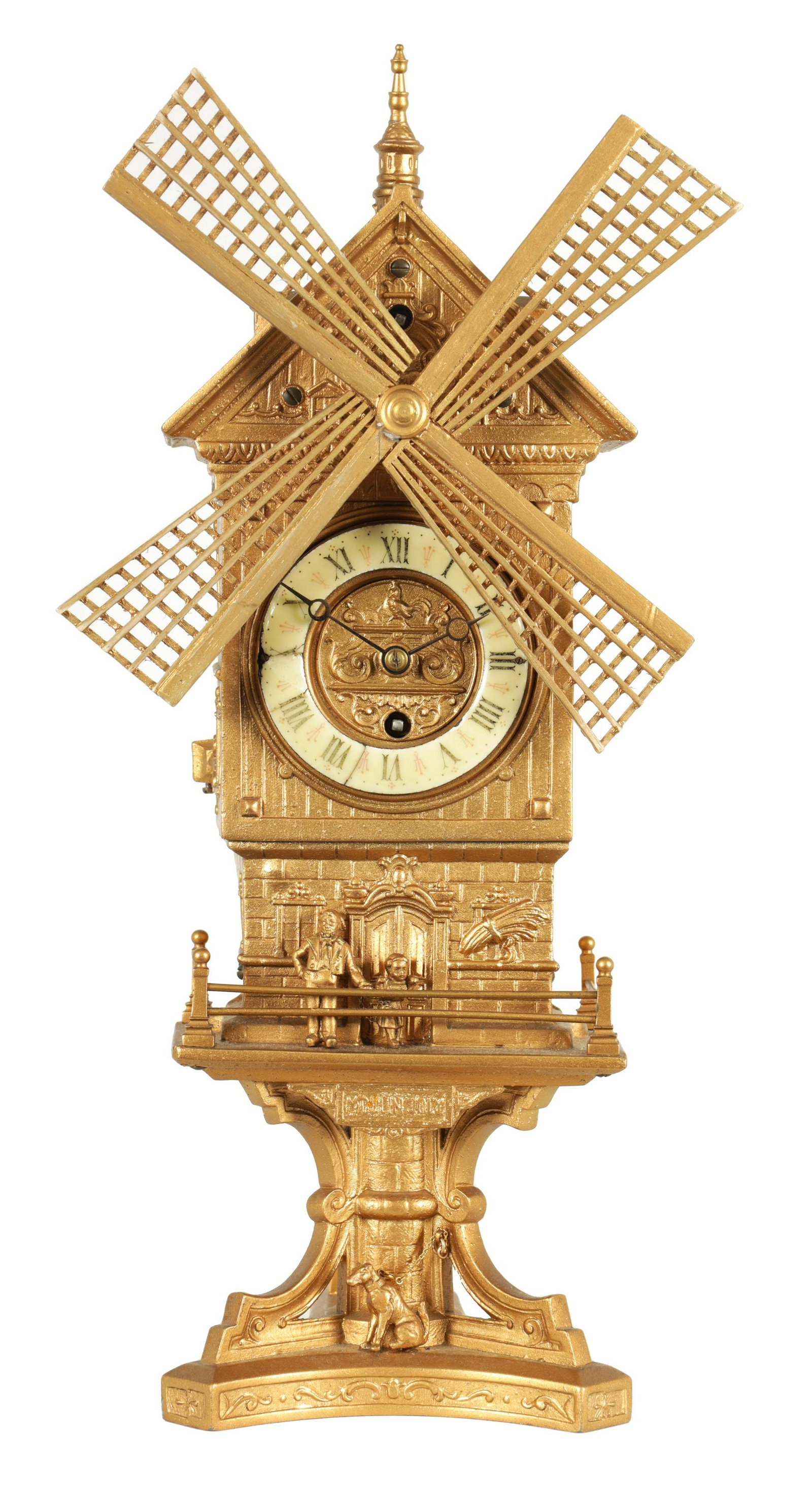 A LATE 19TH CENTURY FRENCH AUTOMATION WINDMILL CLOCK The gilt metal case modelled as a Dutch: A LATE 19TH CENTURY FRENCH AUTOMATION WINDMILL CLOCK The gilt metal case modelled as a Dutch windmill with figures and a dog to the base, the sails rotating when the clock is striking, the enamel Roma