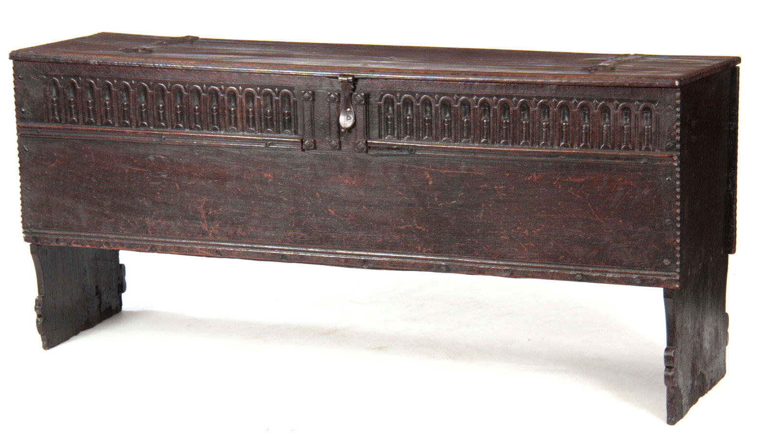 A 17TH CENTURY OAK PLANK COFFER/SWORD BOX OF LARGE SIZE with moulded edge hinged top fitted with (1 of 5)