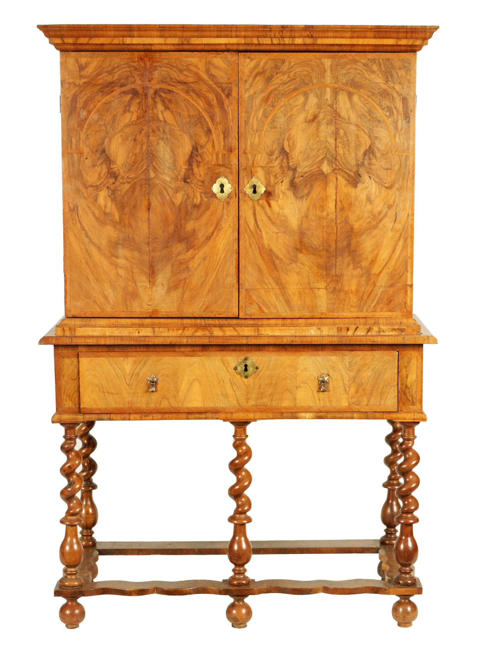 A QUEEN ANNE HERRINGBONE BANDED FIGURED WALNUT CABINET ON STAND with moulded cornice above a pair of (1 of 19)