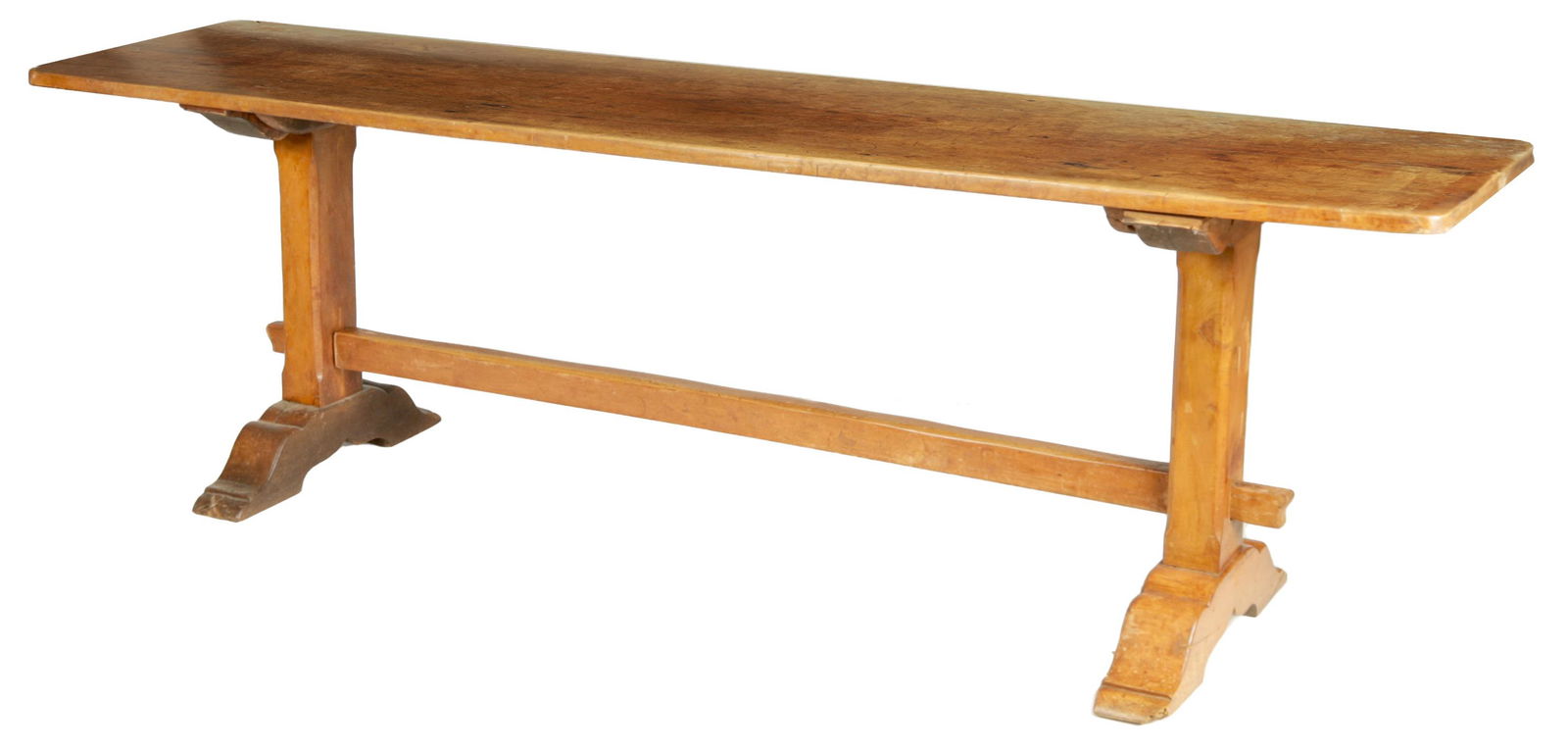 A 17TH CENTURY WALNUT TRESTLE TABLE the two piece top above square end supports with sledge feet (1 of 5)