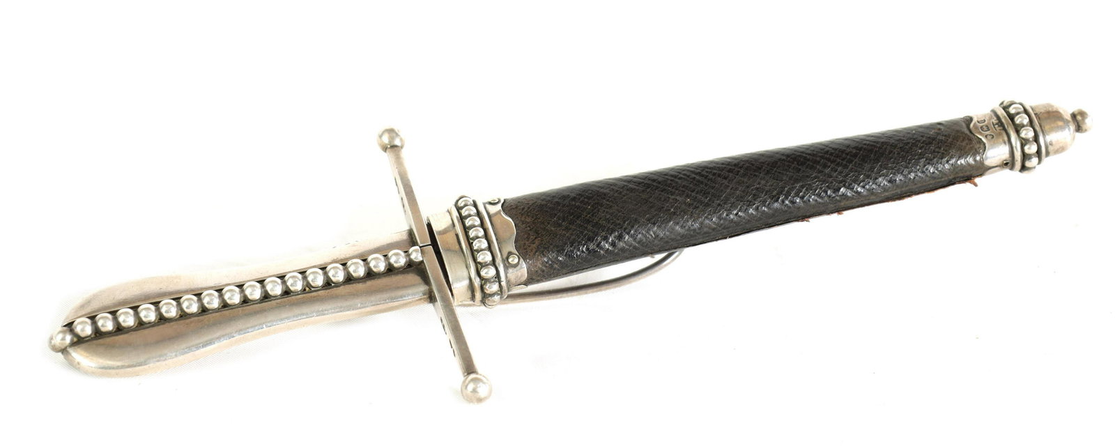 AN UNUSUAL PAIR OF VICTORIAN SILVER HANDLED SCISSORS / DIRK MODELLED AS A DAGGER: AN UNUSUAL PAIR OF VICTORIAN SILVER HANDLED SCISSORS / DIRK MODELLED AS A DAGGER with silver mounted leather sheath - London 1877 Thomas Johnson (21cm long)