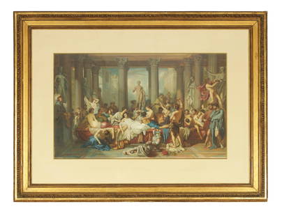 A LARGE AND IMPRESSIVE 19TH CENTURY PRINT OF THOMAS COUTURE'S ÒTHE ROMANS IN THIER DECADENCEÓ: A LARGE AND IMPRESSIVE 19TH CENTURY PRINT OF THOMAS COUTURE'S ÒTHE ROMANS IN THIER DECADENCEÓ brightly coloured and in mounted glazed gilt frame (60cm high 99cm wide)