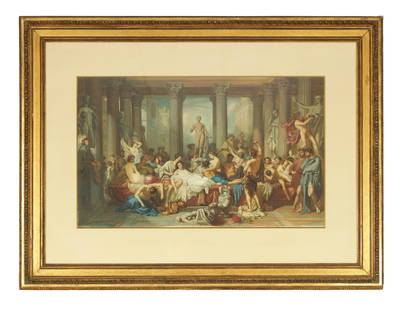 A LARGE AND IMPRESSIVE 19TH CENTURY PRINT OF THOMAS COUTURE'S ÒTHE ROMANS IN THIER DECADENCEÓ: A LARGE AND IMPRESSIVE 19TH CENTURY PRINT OF THOMAS COUTURE'S ÒTHE ROMANS IN THIER DECADENCEÓ brightly coloured and in mounted glazed gilt frame (60cm high 99cm wide)