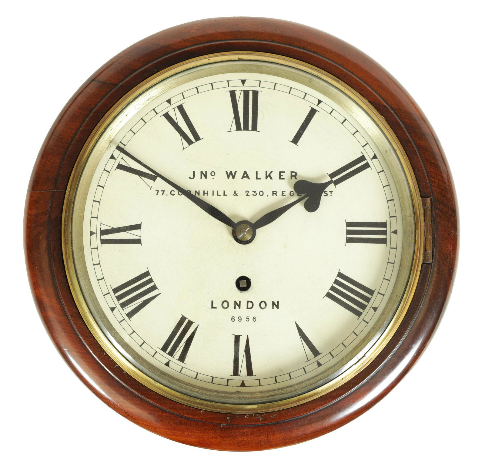 JOHN WALKER, LONDON. A LATE 19TH CENTURY 8Ó DIAL FUSEE WALL CLOCK: JOHN WALKER, LONDON. A LATE 19TH CENTURY 8Ó DIAL FUSEE WALL CLOCK the moulded mahogany surround with cast brass bezel enclosing an 8" painted dial with Roman numerals signed 'JOHN WALKER, 77, CORNHIL