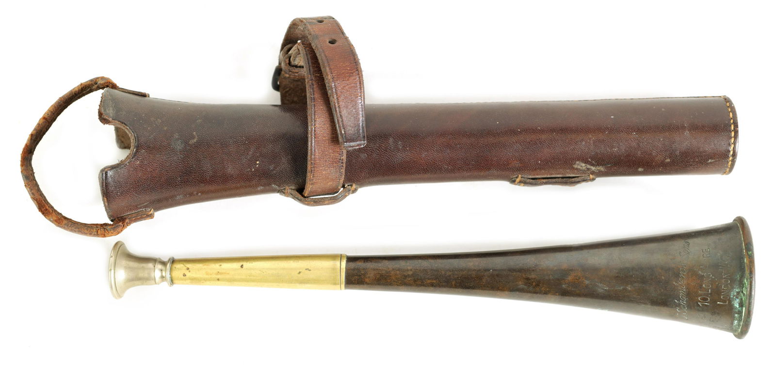 A LEATHER CASED HUNTING HORN BY J. SCHOMBERG & SONS, LONDON (1 of 8)