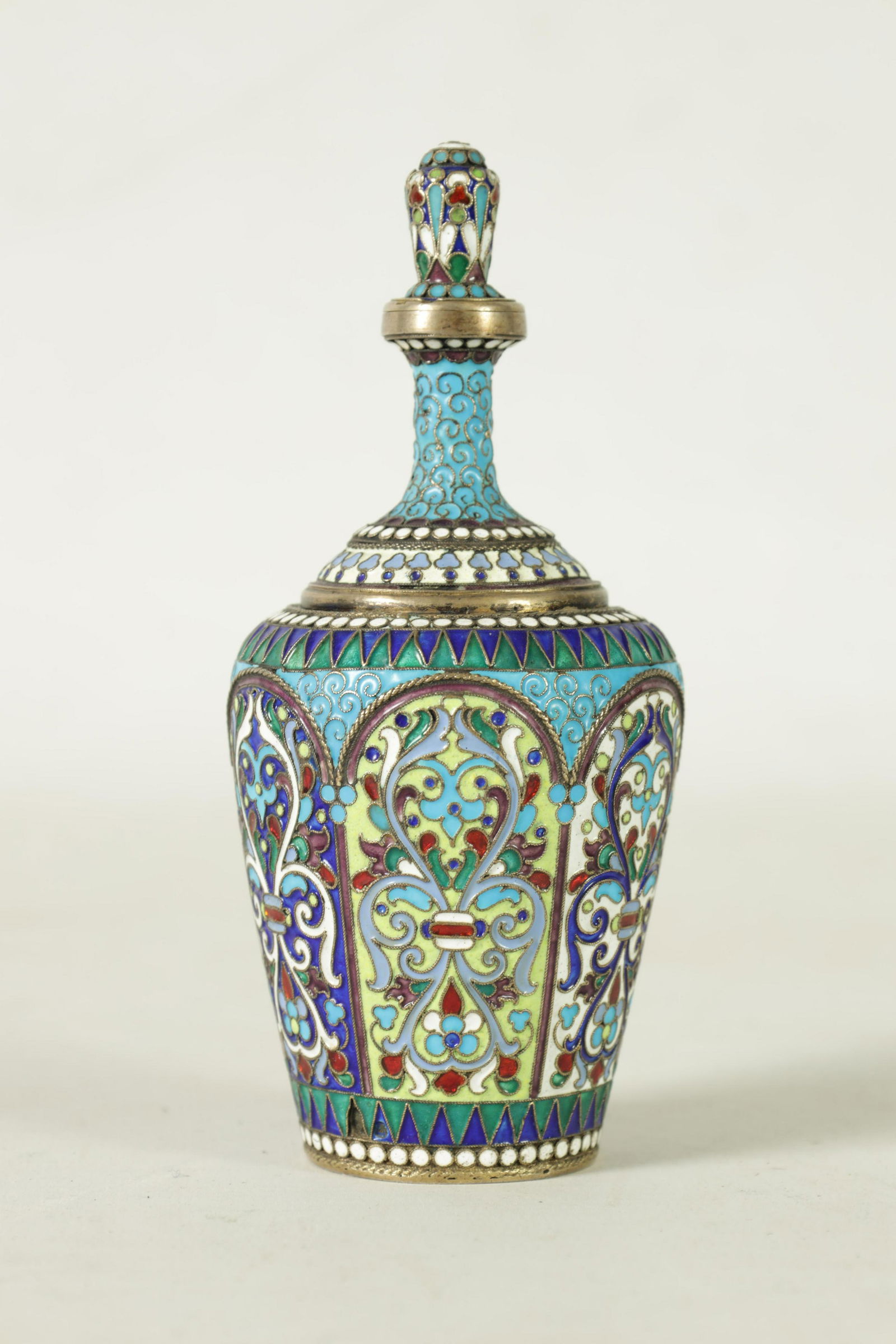 A 19TH-CENTURY RUSSIAN SILVER AND JEWELLED CLOISONNE ENAMEL BOTTLE VASE (1 of 6)
