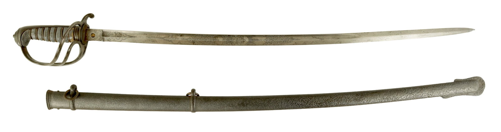 A 19TH CENTURY OFFICERS ARTILLERY DRESS SWORD: A 19TH CENTURY OFFICERS ARTILLERY DRESS SWORD the 82cm fullered steel blade etched with scrolls and cipher, three-bar steel guard and wire bound shagreen grip, black metal scabbard (100cm overall)