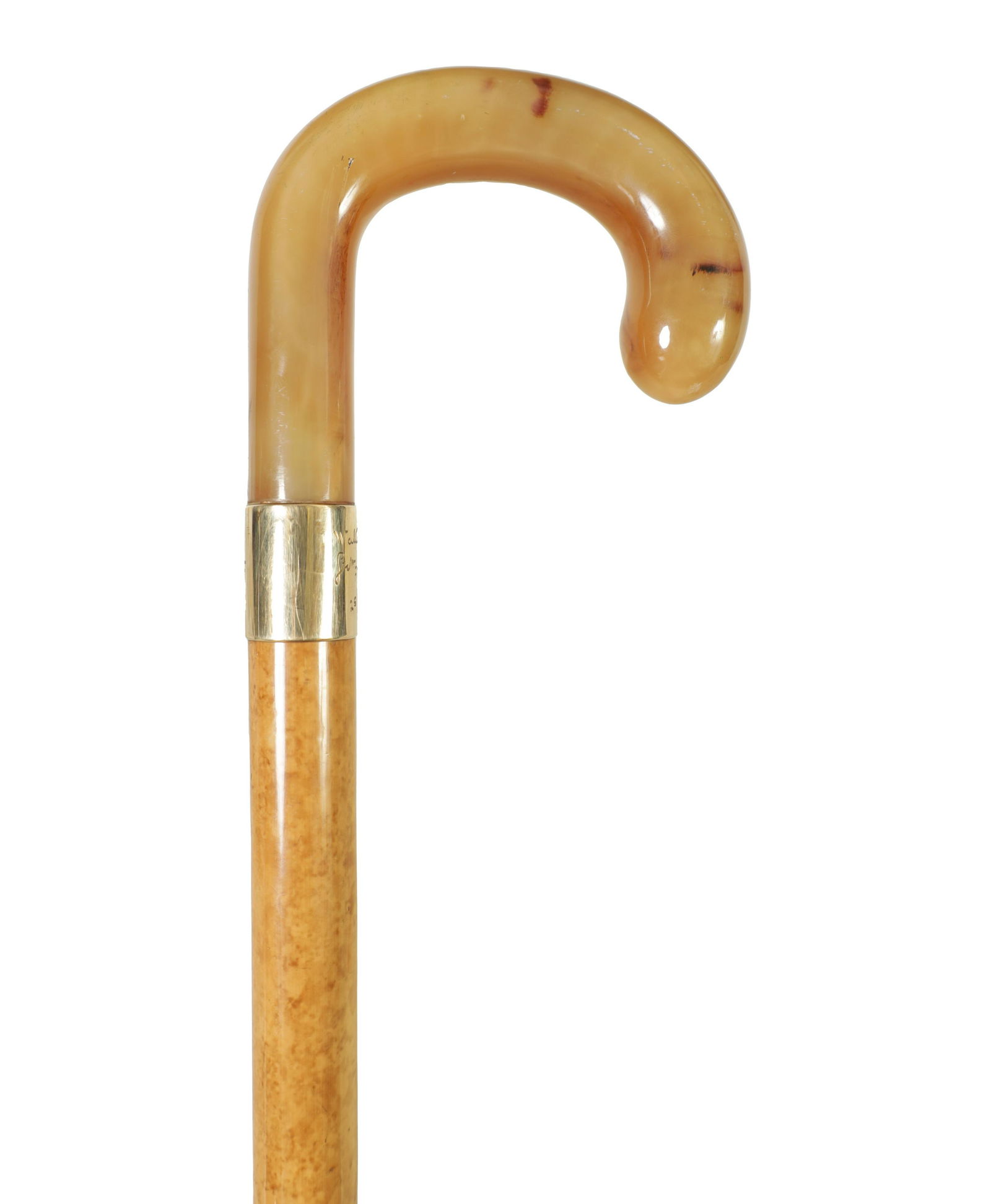 A 1920'S 9CT GOLD MOUNTED HORN HANDLED WALKING STICK: A 1920'S 9CT GOLD MOUNTED HORN HANDLED WALKING STICK polished and with 9ct gold collar hallmarked James Smith & Sons, London 1927on highly polished malacca cane (98cm overall)