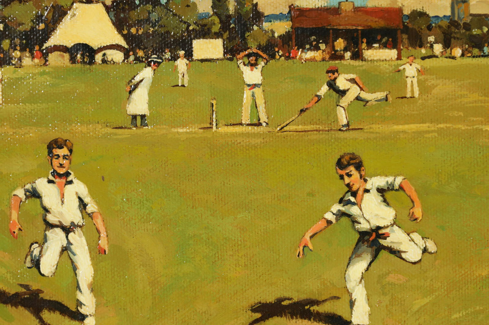 R. A. SULLIVAN A 2OTH CENTURY OIL ON CANVAS CRICKETING SCENE: R. A. SULLIVAN A 2OTH CENTURY OIL ON CANVAS CRICKETING SCENE - signed, in painted moulded frame. (23cm high 49cm wide)