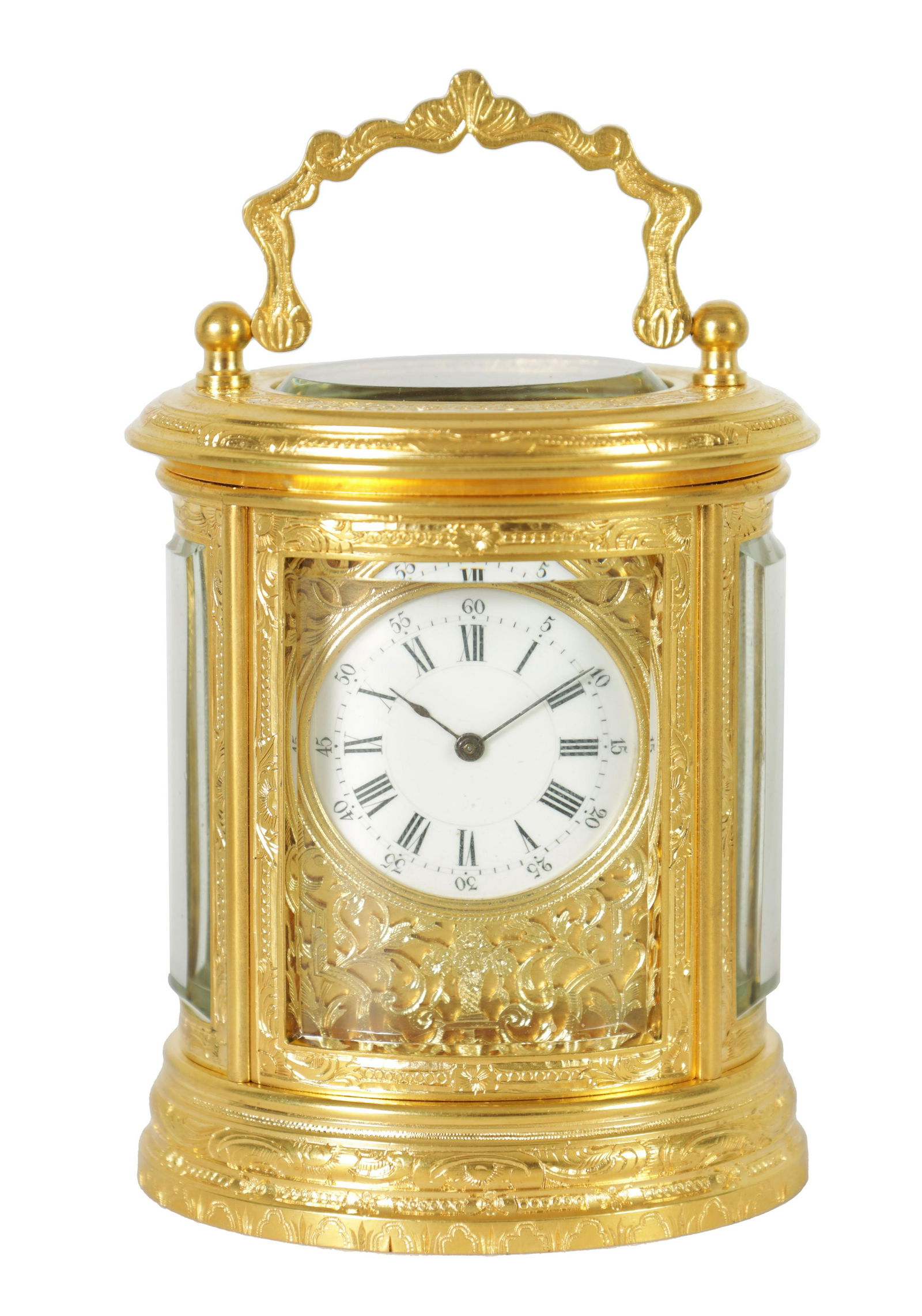 A LATE 19TH CENTURY FRENCH MINIATURE ENGRAVED OVAL CARRIAGE CLOCK (1 of 8)