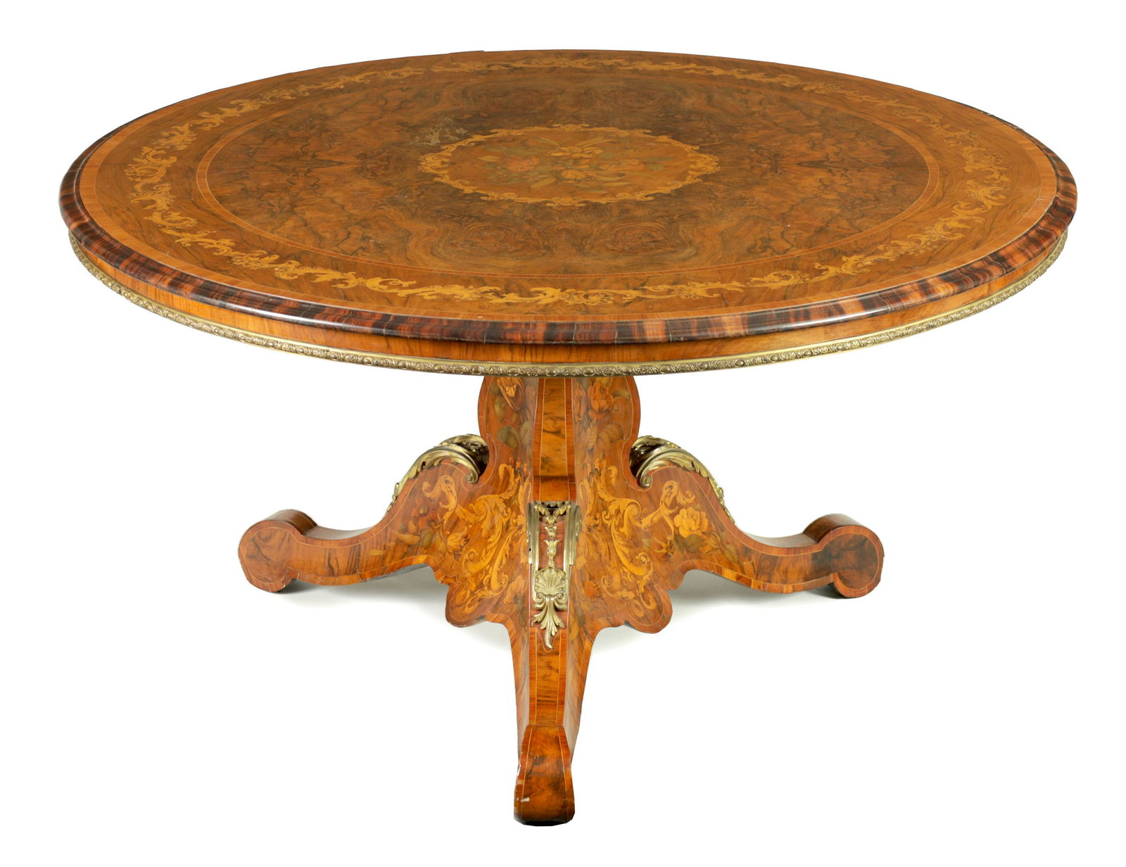 A FINE 19TH CENTURY ORMOLU MOUNTED BURR WALNUT AND FLORAL MARQUETRY CENTRE TABLE IN THE MANNER OF: A FINE 19TH CENTURY ORMOLU MOUNTED BURR WALNUT AND FLORAL MARQUETRY CENTRE TABLE IN THE MANNER OF EDWARD HOLMES BALDOCK the circular top with broad marquetry and kingwood cross-banded edge centralised