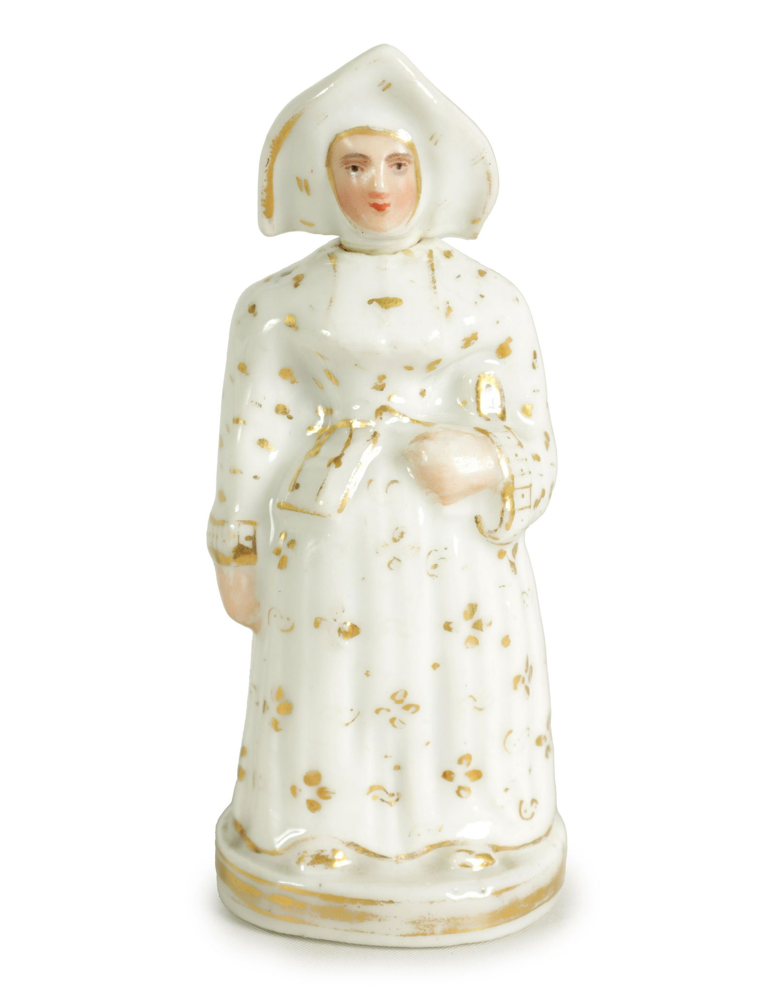 A LATE 19TH CENTURY CONTINENTAL FIGURE OF A STANDING NUN: A LATE 19TH CENTURY CONTINENTAL FIGURE OF A STANDING NUN formed as a scent bottle with detachable head stopper (10.5cm high )