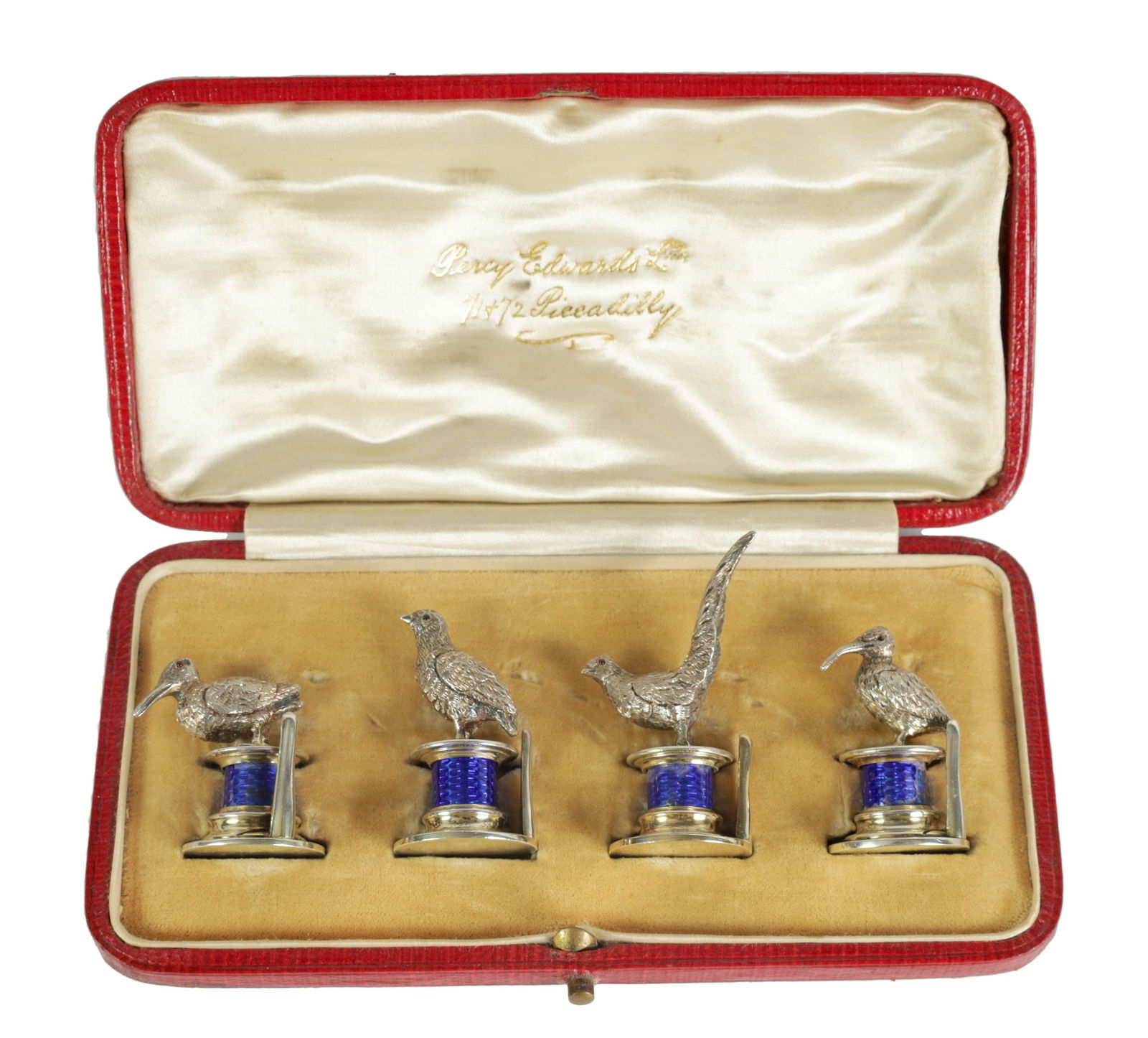 A CASED SET OF FOUR SILVER AND GUILLOCHE ENAMEL GAME BIRD MENU HOLDERS (1 of 7)