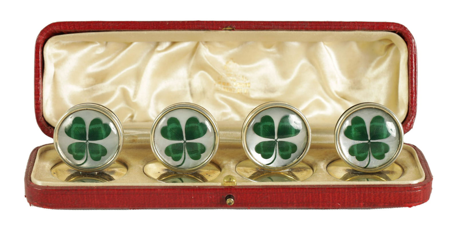 A CASED SET OF FOUR SILVER AND MOTHER OF PEARL SHAMROCK MENU HOLDERS (1 of 6)