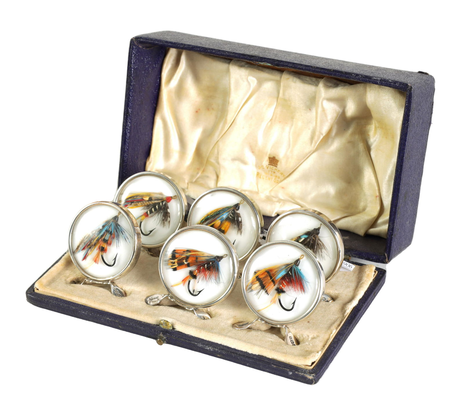 A CASED SET OF SIX EDWARDIAN FISHING FLY SILVER MENU HOLDERS (1 of 13)