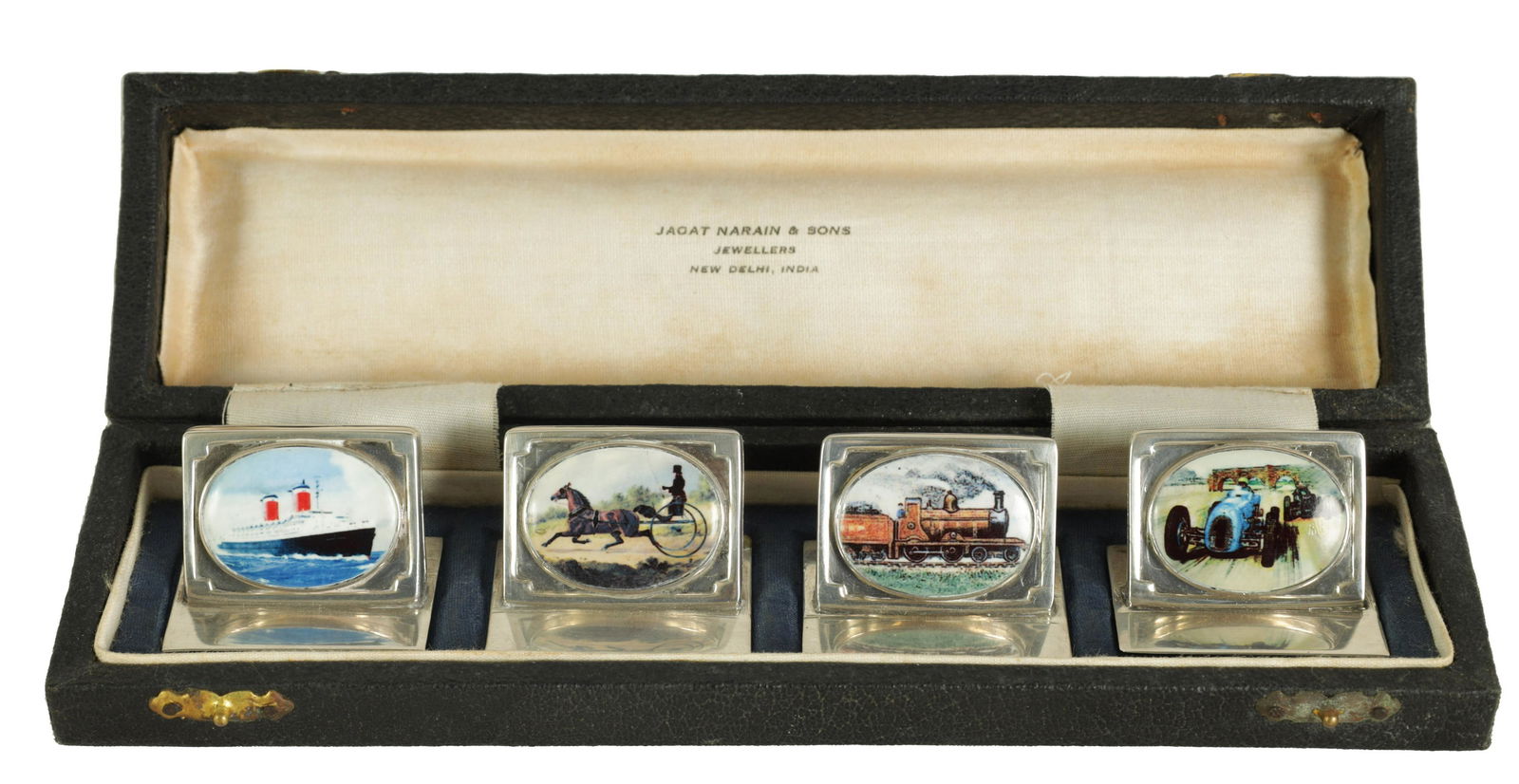 A CASED SET OF FOUR SILVER AND PORCELAIN TRANSPORT MENU HOLDERS (1 of 10)