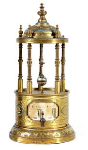 A 20TH-CENTURY BRASS AND ENAMEL PAINTED BANDSTAND MYSTERY DESK CLOCK: A 20TH-CENTURY BRASS AND ENAMEL PAINTED BANDSTAND MYSTERY DESK CLOCK A 20TH-CENTURY BRASS AND ENAMEL PAINTED BANDSTAND MYSTERY DESK CLOCK the domed enamelled top with turned finial supported by five