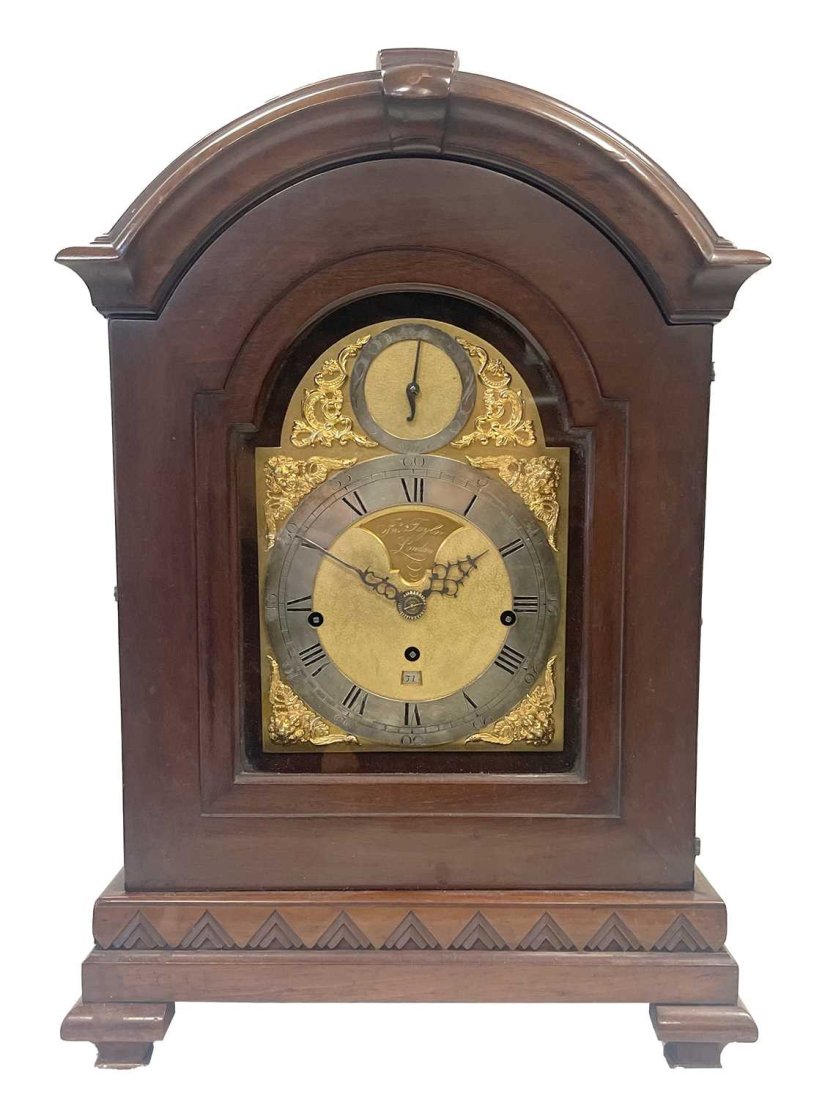 JOHN TAYLOR, LONDON. A GEORGE III TRIPLE FUSEE VERGE BRACKET CLOCK MOVEMENT IN LATER CASE (1 of 6)