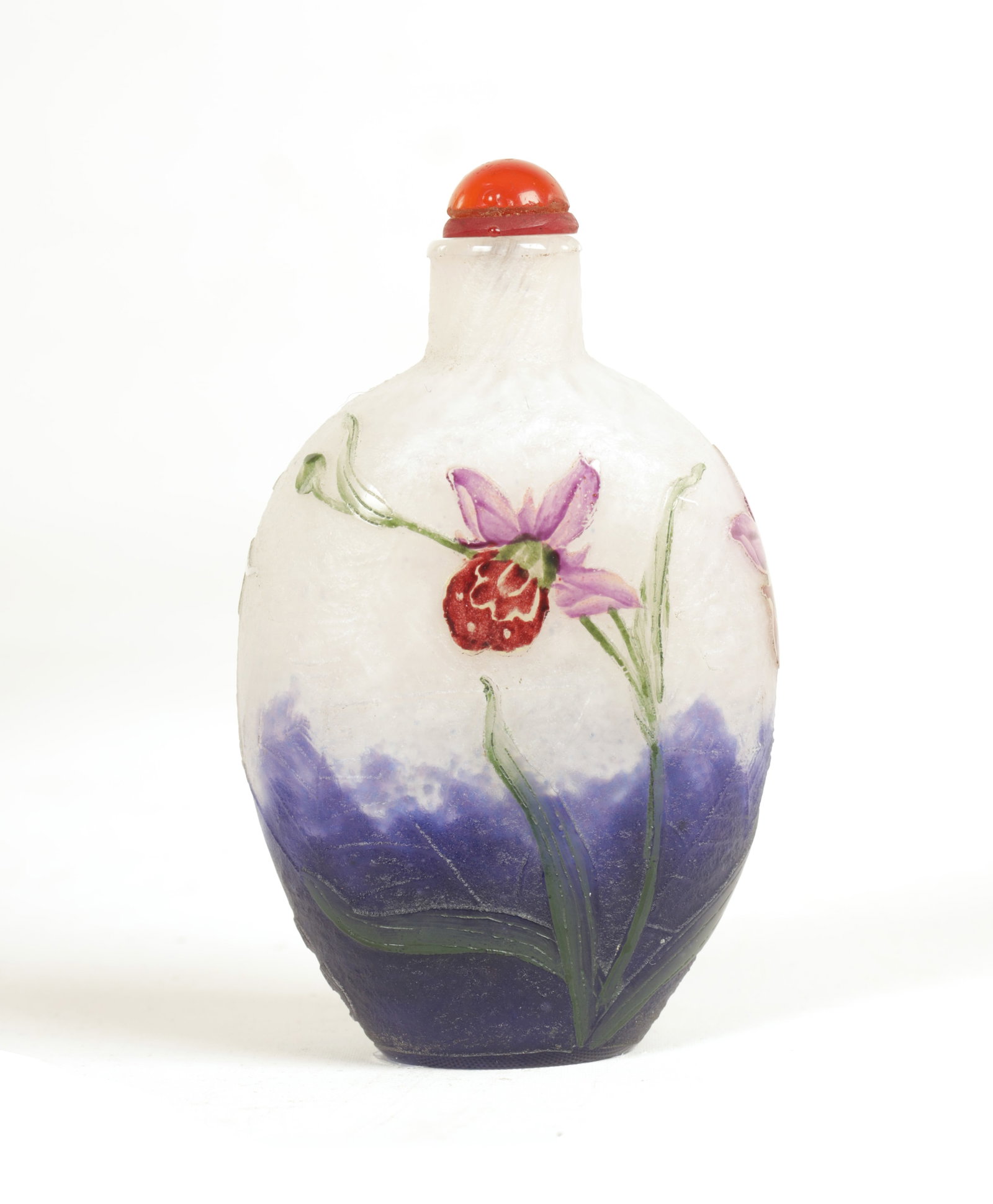 A DAUM NANCY ETCHED AND ENAMELLED SPIDER WEB AND ORCHID SNUFF BOTTLE (1 of 5)
