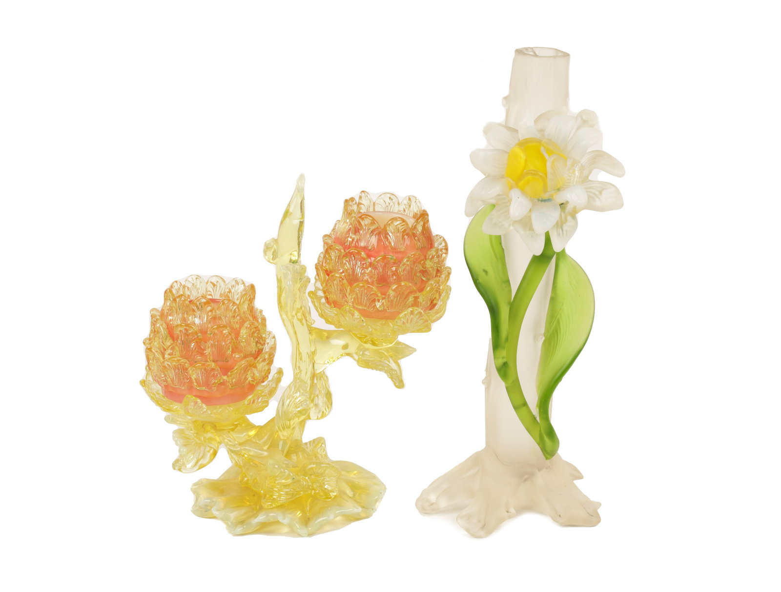 A DECORATIVE 19TH CENTURY VASELINE GLASS TWO BRANCH CANDLE HOLDER (1 of 6)