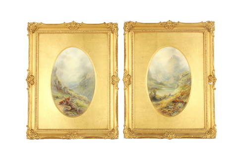 JAMES STINTON A PAIR OF ROYAL WORCESTER FRAMED OVAL PORCELAIN PLAQUES: JAMES STINTON A PAIR OF ROYAL WORCESTER FRAMED OVAL PORCELAIN PLAQUES finely painted with highland cattle in misty mountainous settings titled on reverse 'Loch Lomond' and 'Vale of Glencoe' - both sig