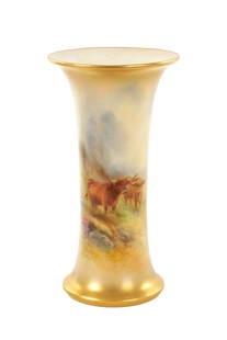 HARRY STINTON A ROYAL WORCESTER PORCELAIN CABINET VASE: HARRY STINTON A ROYAL WORCESTER PORCELAIN CABINET VASE of tapered cylindrical form with gilt tinged neck rim and foot enclosing a painted scene of highland cattle in a misty mountainous setting - sign