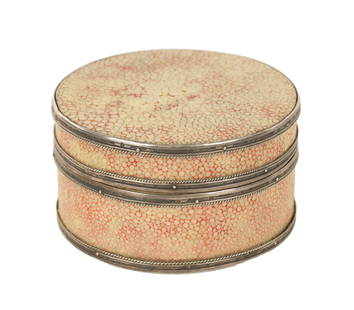 AN ARTS & CRAFTS CYLINDRICAL SHAGREEN AND SILVER-MOUNTED BOX AND COVER BY JOHN PAUL COOPER: AN ARTS & CRAFTS CYLINDRICAL SHAGREEN AND SILVER-MOUNTED BOX AND COVER BY JOHN PAUL COOPER rope work pinned silver banded with red and green shagreen body and wood-lined interior, bearing stamp to the