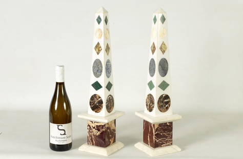 A PAIR OF SPECIMEN MARBLE OBELISKS: A PAIR OF SPECIMEN MARBLE OBELISKS of tapering form with inlaid specimen shaped panels, mounted on square moulded bases (51cm high )