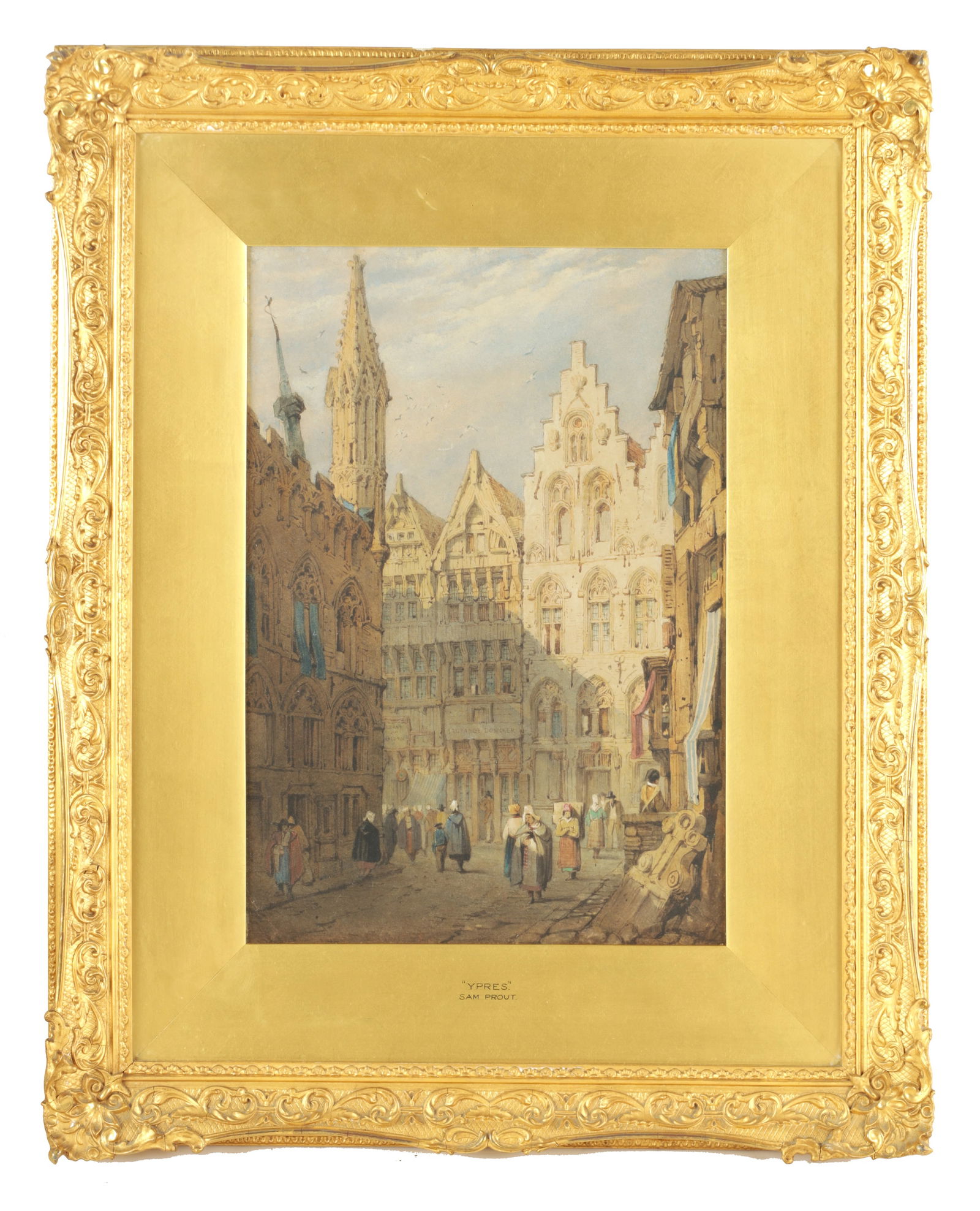SAMUEL PROUT (1783-1852) WATERCOLOUR TITLED "YPRES": SAMUEL PROUT (1783-1852) WATERCOLOUR TITLED "YPRES" mounted in a glazed gilt swept frame. (35cm high 24cm wide)