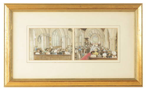 JOHN STRICKLAND GOODALL (BRITISH, 1908 - 1996) A SET OF FOUR DOUBLE SIDED WATERCOLOUR AND PENCIL: JOHN STRICKLAND GOODALL (BRITISH, 1908 - 1996) A SET OF FOUR, DOUBLE SIDED WATERCOLOUR AND PENCIL DRAWINGS depicting highlights of a wedding day, signed - mounted back to back in a glazed gilt frame.