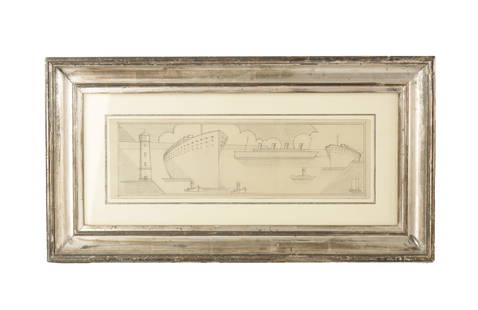 A STYLISH ART DECO PENCIL DRAWING: A STYLISH ART DECO PENCIL DRAWING ocean liners and sailboats - mounted and in glazed silvered moulded frame (12.5cm high, 39.5cm wide)