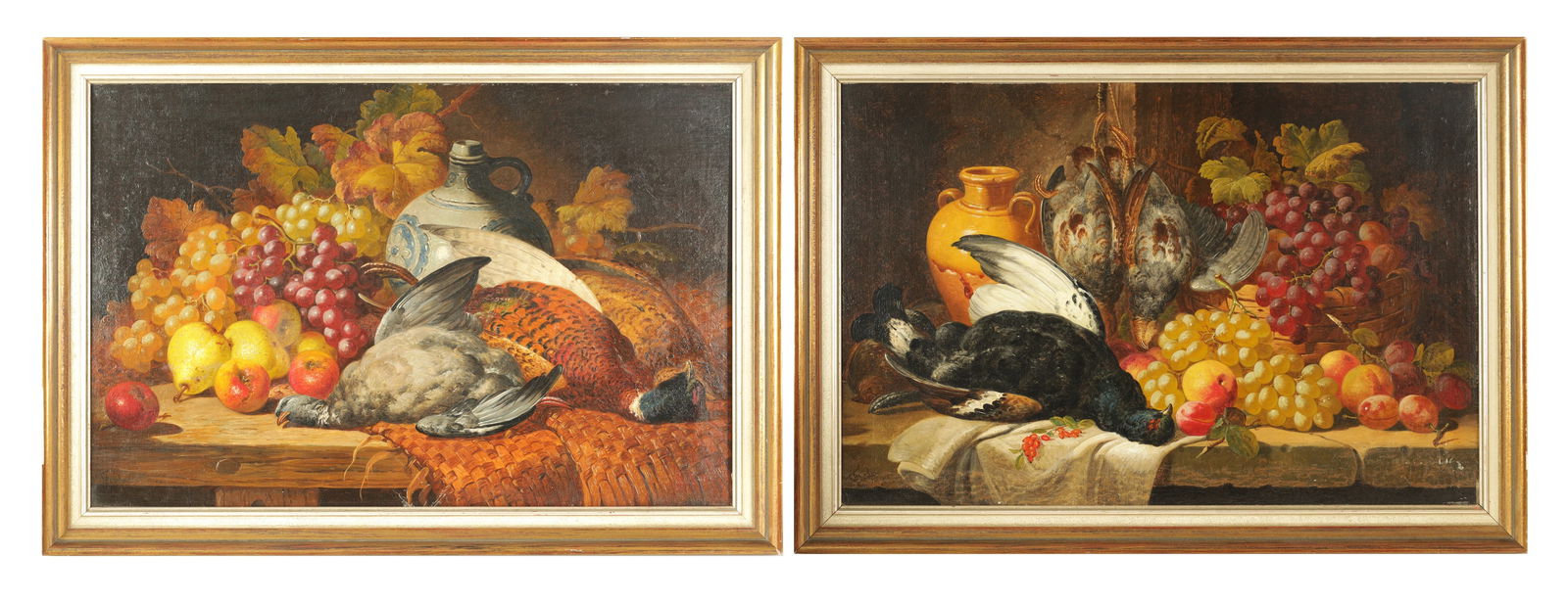 CHARLES THOMAS BALE (BRITISH,1826 - 1925) A PAIR OF STILL LIFE WITH FRUIT AND GAME OIL ON CANVAS': CHARLES THOMAS BALE (BRITISH,1826 - 1925) A PAIR OF STILL LIFE WITH FRUIT AND GAME OIL ON CANVAS' signed lower left - mounted in later moulded frames. (50cm high 75cm wide)