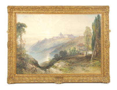 WILLIAM CALLOW (BRITISH, 1812 - 1908) A 19TH CENTURY WATERCOLOUR LANDSCAPE 'CASTEL GANDOLFO': WILLIAM CALLOW (BRITISH, 1812 - 1908) A 19TH CENTURY WATERCOLOUR LANDSCAPE 'CASTEL GANDOLFO' (the pope's summer residence) signed and dated and inscribed labels on reverse - mounted in a glazed swept