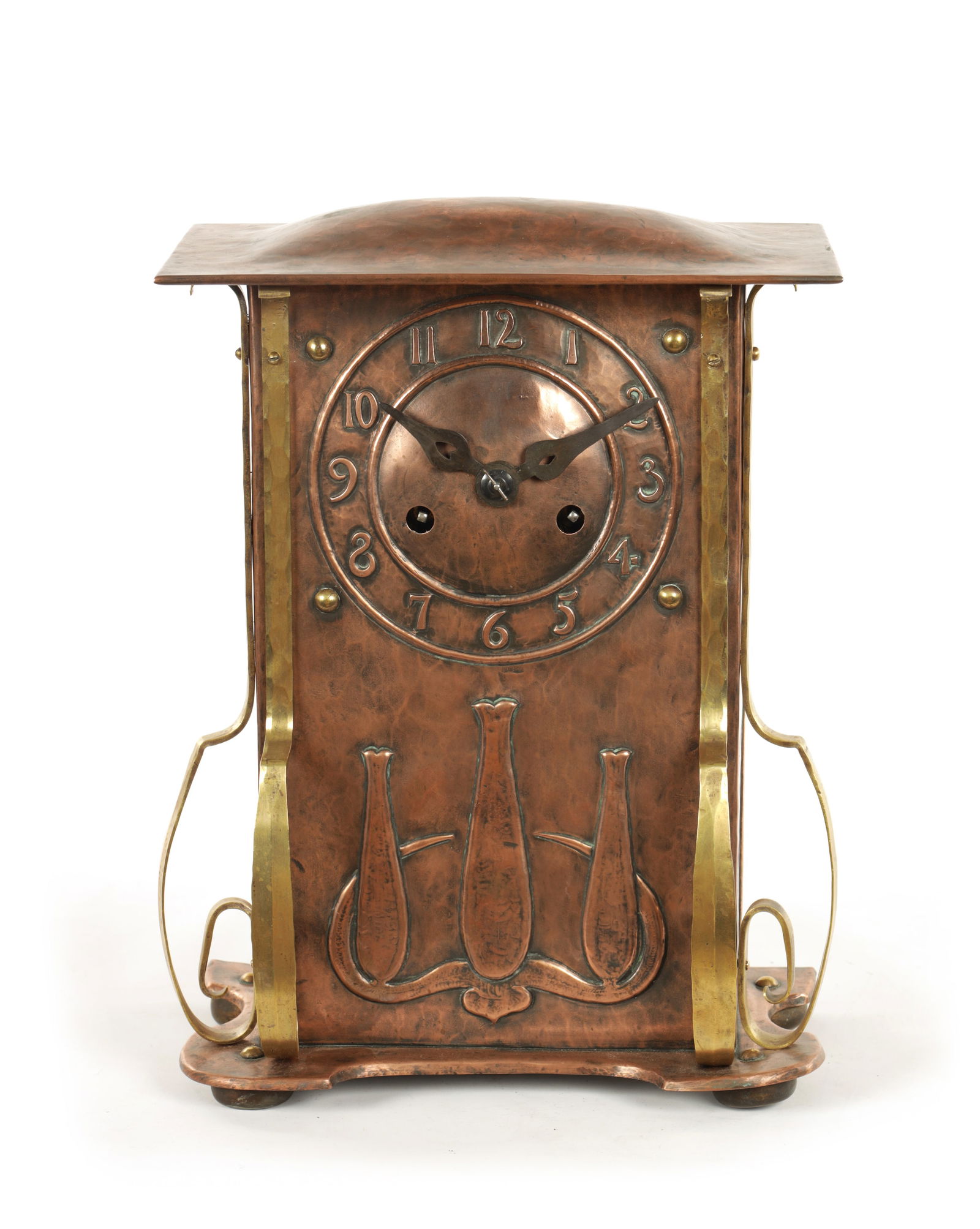 AN ARTS AND CRAFT COPPER AND BRASS MANTEL CLOCK (1 of 8)