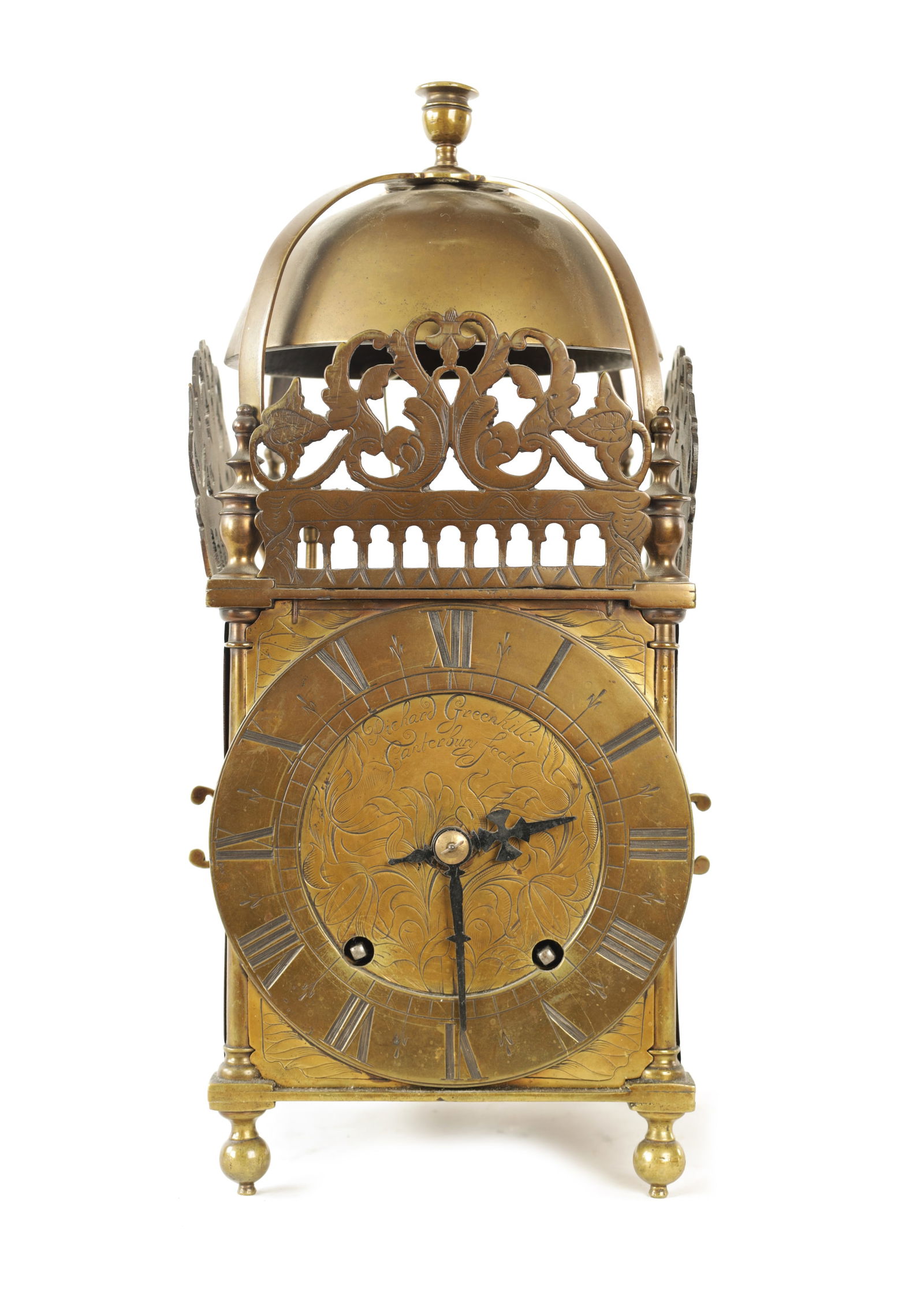 RICHARD GREENHILL, CANTERBURY FECIT. A 17TH CENTURY LANTERN CLOCK WITH LATER MOVEMENT: RICHARD GREENHILL, CANTERBURY FECIT. A 17TH CENTURY LANTERN CLOCK WITH LATER MOVEMENT the posted frame with side doors, engraved floral fretwork crestings above an arcaded gallery and strapped bell su