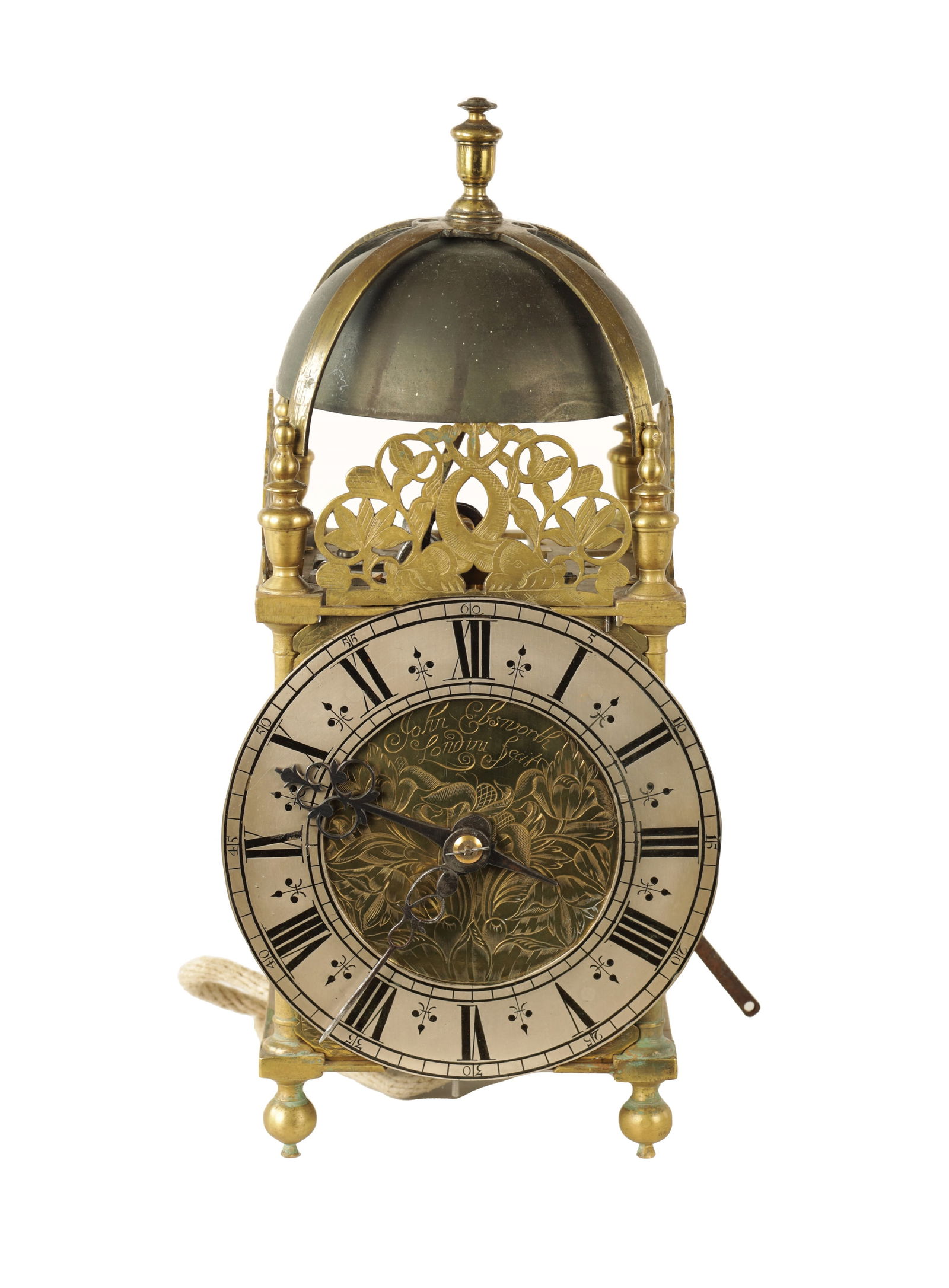 AN UNUSUAL 3RD QUARTER 17TH CENTURY LANTERN CLOCK JOHN EBSWORTH, LONDINI FECIT: AN UNUSUAL 3RD QUARTER 17TH CENTURY LANTERN CLOCK JOHN EBSWORTH, LONDINI FECIT the posted frame surmounted by an engraved dolphin fretwork crestings and strapped bell above a Roman chapter ring with q
