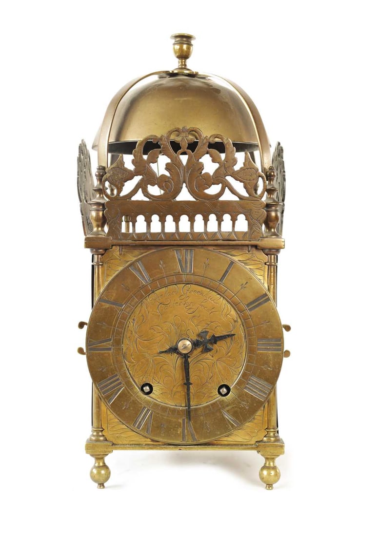 RICHARD GREENHILL, CANTERBURY FECIT. A 17TH CENTURY LANTERN CLOCK WITH LATER MOVEMENT: RICHARD GREENHILL, CANTERBURY FECIT. A 17TH CENTURY LANTERN CLOCK WITH LATER MOVEMENT the posted frame with side doors, engraved floral fretwork crestings above an arcaded gallery and strapped bell su