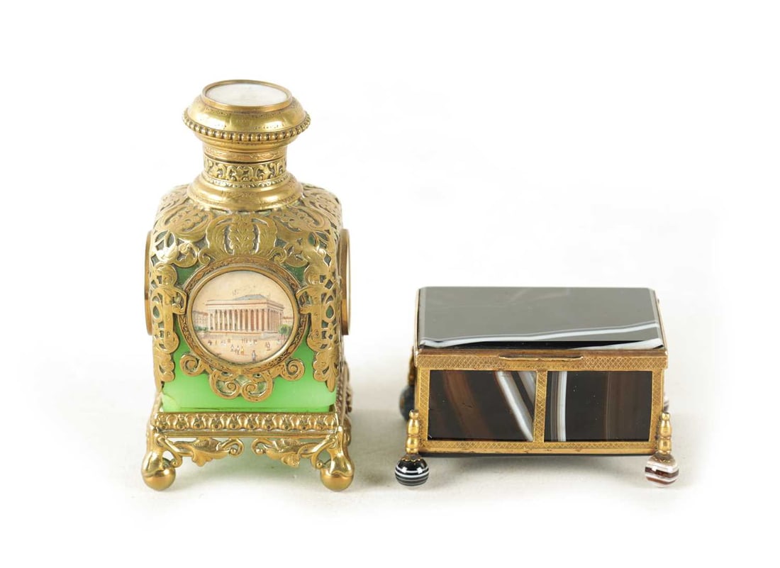 A 19TH CENTURY FRENCH ORMOLU MOUNTED SCENT BOTTLE: A 19TH CENTURY FRENCH ORMOLU MOUNTED SCENT BOTTLE with ormolu mounts and miniature paintings on a green opaline glass bottle, together with an agate ormolu framed trinket box (2) Bottle measures 11cm