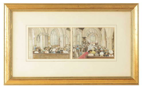 JOHN STRICKLAND GOODALL (BRITISH, 1908 - 1996) A SET OF FOUR DOUBLE SIDED WATERCOLOUR AND PENCIL DRA: JOHN STRICKLAND GOODALL (BRITISH, 1908 - 1996) A SET OF FOUR, DOUBLE SIDED WATERCOLOUR AND PENCIL DRAWINGS depicting highlights of a wedding day, signed - mounted back to back in a glazed gilt frame.