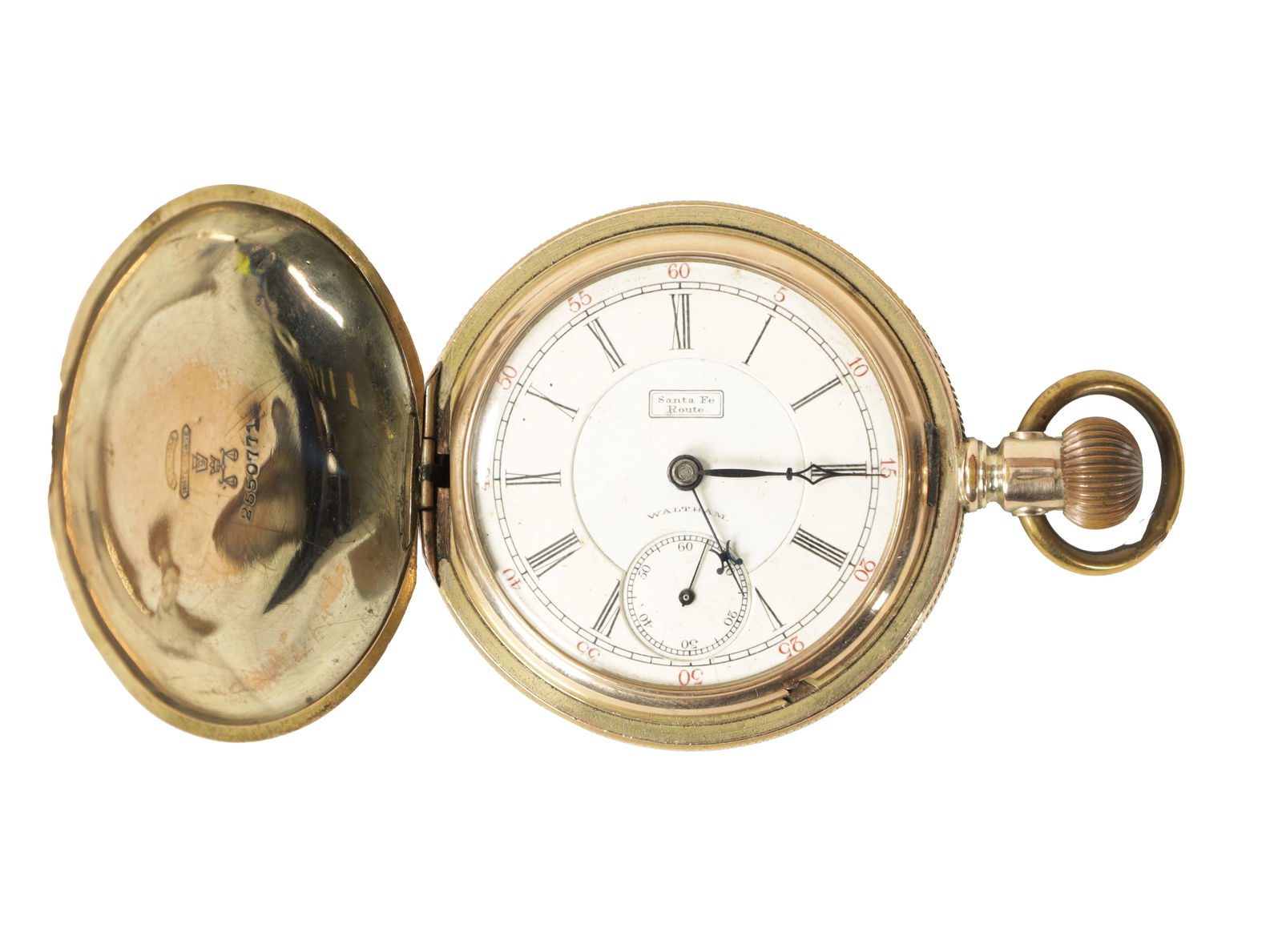 A 14K GOLD PLATED WALTHAM 'SANTA FE ROUTE' FULL HUNTER POCKET WATCH (1 of 4)