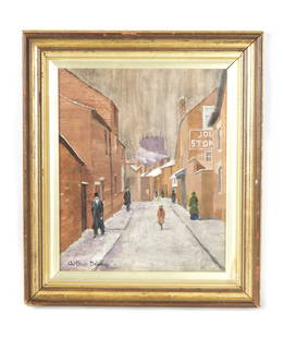 ARTHUR DELANEY OIL ON CANVAS: ARTHUR DELANEY OIL ON CANVAS Winter Lancashire street scene with figures and Church beyond. Signed and with DEERMOSS GALLERY LABEL, WHITCHURCH, SHROPSHIRE on reverse - glazed moulded gilt frame with i