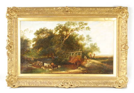 SIDNEY RICHARD PERCY 19TH CENTURY OIL ON CANVAS: SIDNEY RICHARD PERCY 19TH CENTURY OIL ON CANVAS Wooded rural river landscape scene with figures, livestock and nets on a weir. Signed with initials and dated 1859. Fine swept gilt frame. (47cm high 82