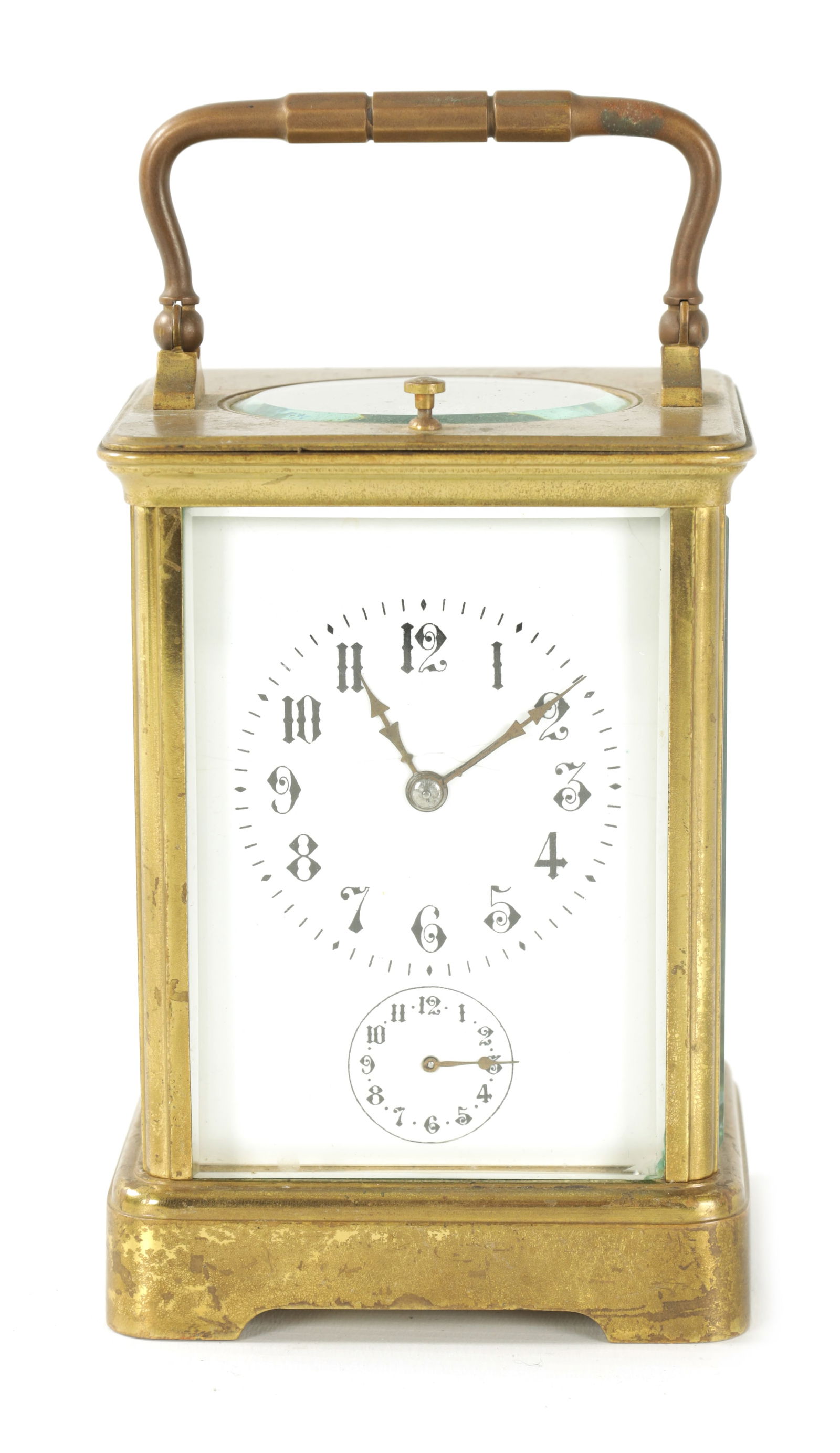 A LATE 19TH CENTURY FRENCH GRAND SONNERIE QUARTER CHIMING CARRIAGE CLOCK: A LATE 19TH CENTURY FRENCH GRAND SONNERIE QUARTER CHIMING CARRIAGE CLOCK the brass corniche case inset with glass bevelled panels enclosing an enamel dial with Arabic numerals above a subsidiary alarm