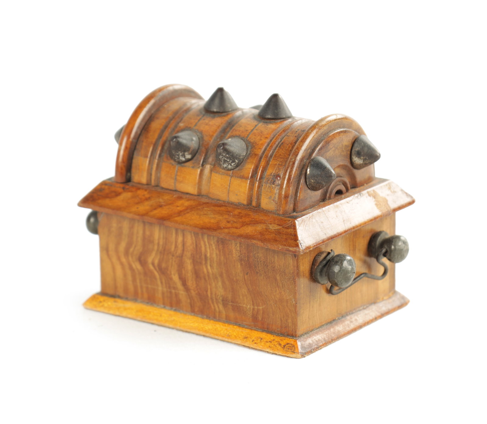 A 19TH CENTURY MATCH HOLDER FORMED ASD A STUDDED CASKET (1 of 5)