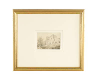 ATT. EDWARD DAYES (1763-1804) SKETCH ON PAPER: ATT. EDWARD DAYES (1763-1804) SKETCH ON PAPER depicting Caldecot Castle, South Wales - in a glazed gilt frame. (11cm wide 8cm high)