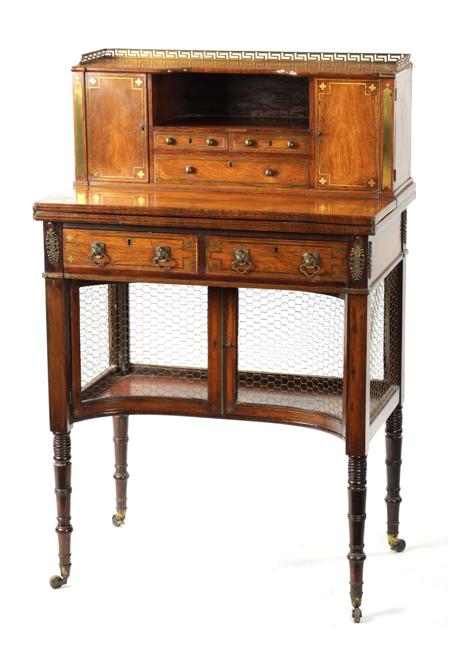 A FINE REGENCY BRASS INLAID ROSEWOOD BONHEUR DE JOUR IN THE MANNER OF JOHN MCLEAN: A FINE REGENCY BRASS INLAID ROSEWOOD BONHEUR DE JOUR IN THE MANNER OF JOHN MCLEAN A FINE REGENCY BRASS INLAID ROSEWOOD BONHEUR DE JOUR IN THE MANNER OF JOHN MCLEAN the raised superstructure with greek