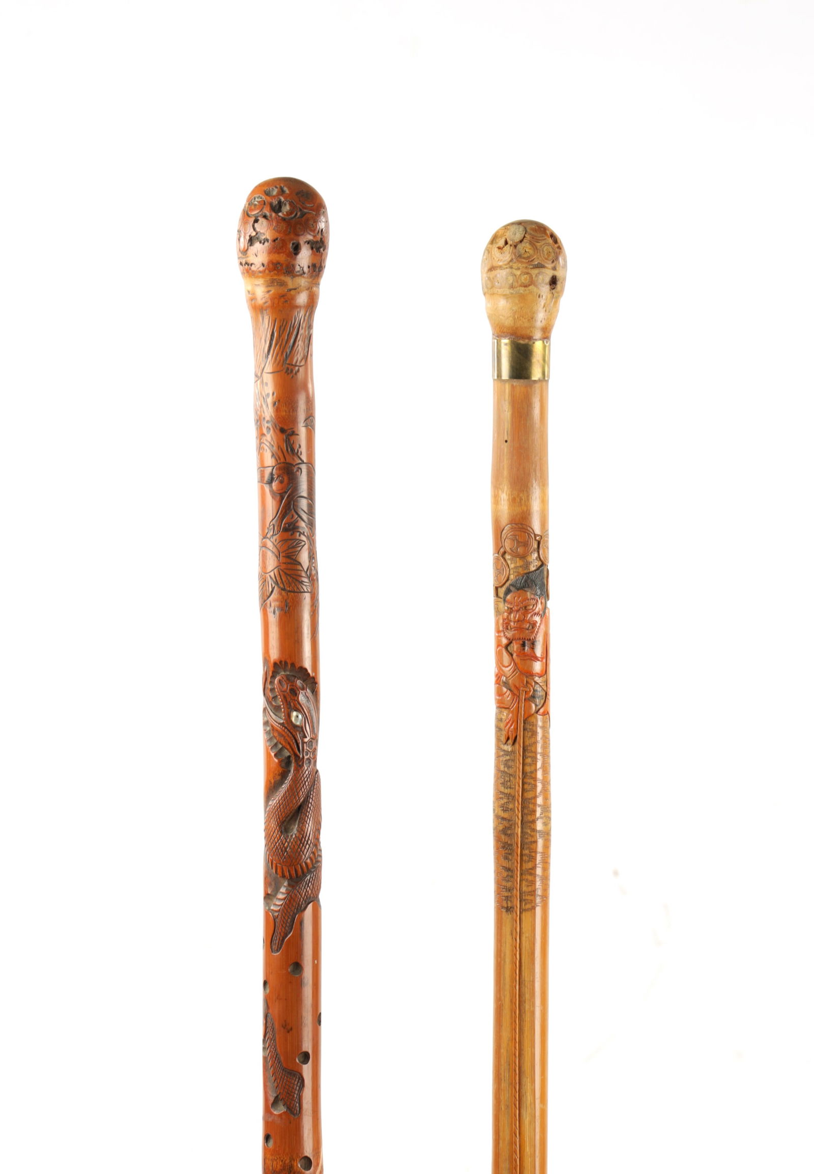 TWO 19TH CENTURY ORIENTAL BAMBOO CARVED WALKING CANES (1 of 8)